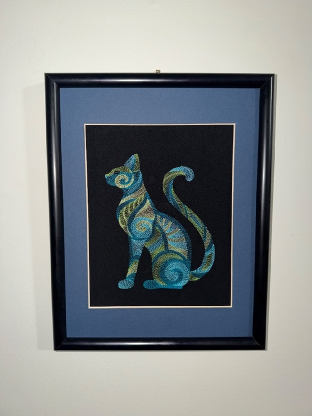 Homemade Blue & Green Cat Embroidery Art 11X14